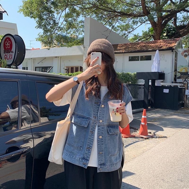 工裝牛仔馬甲女無袖背心坎肩春夏新款韓版寬松百搭馬夾外套潮-細節圖4