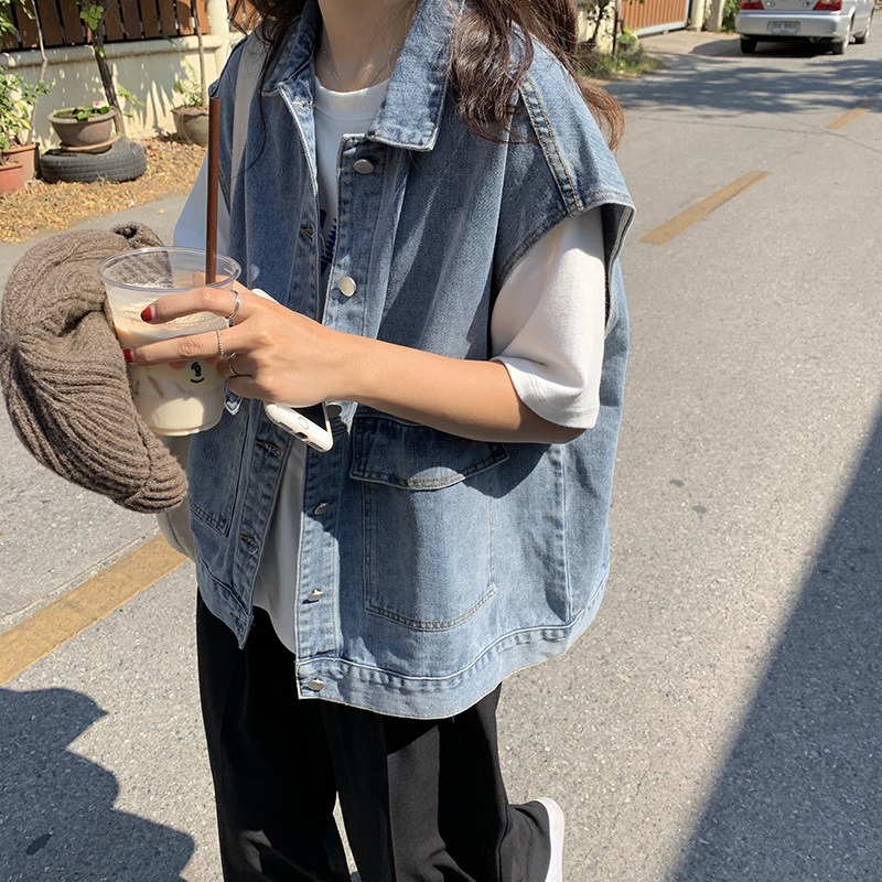 工裝牛仔馬甲女無袖背心坎肩春夏新款韓版寬松百搭馬夾外套潮-細節圖6