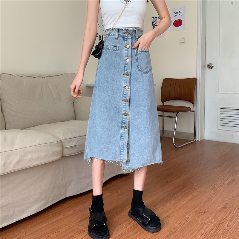 新款高腰a型牛仔半身裙女夏季開叉中長款裙子不規則a字款長裙-細節圖2