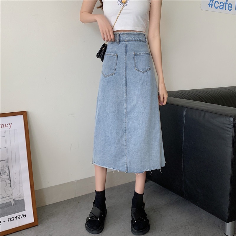 新款高腰a型牛仔半身裙女夏季開叉中長款裙子不規則a字款長裙-細節圖3