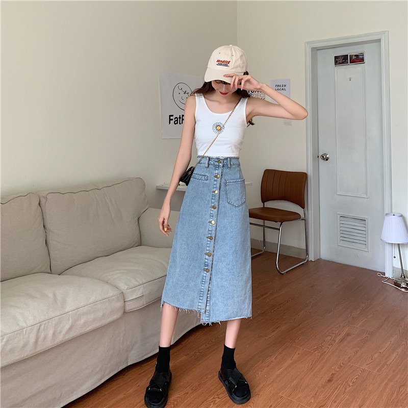新款高腰a型牛仔半身裙女夏季開叉中長款裙子不規則a字款長裙-細節圖4