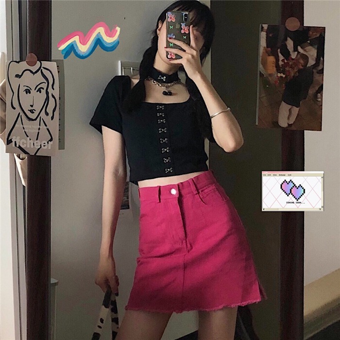 火龍果色高腰顯瘦牛仔半身裙a字短裙褲女 春夏玫紅色開叉包臀裙子-細節圖2