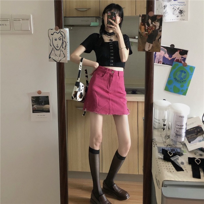 火龍果色高腰顯瘦牛仔半身裙a字短裙褲女 春夏玫紅色開叉包臀裙子-細節圖3