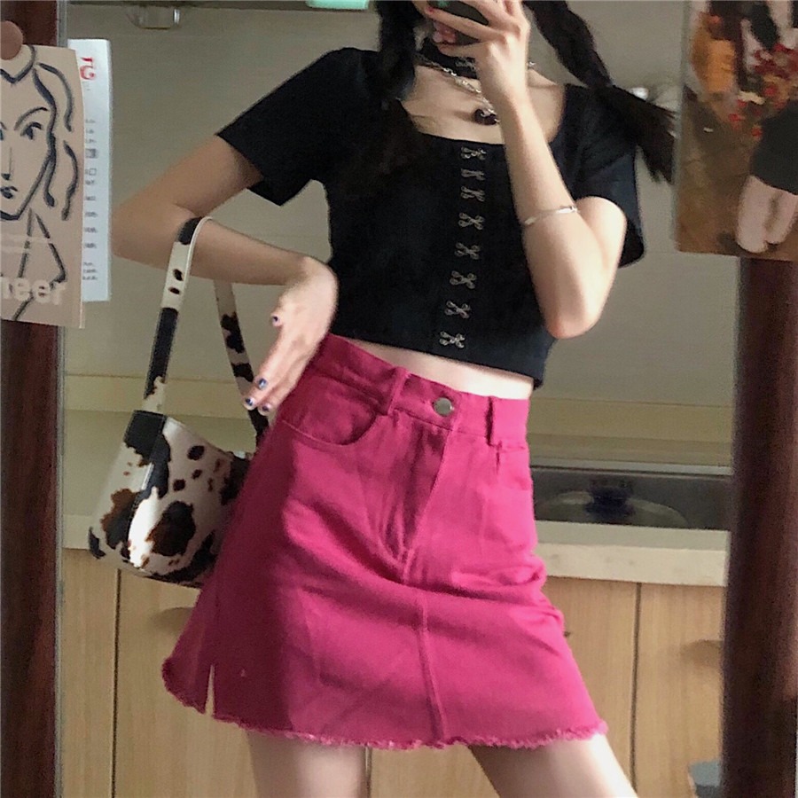 火龍果色高腰顯瘦牛仔半身裙a字短裙褲女 春夏玫紅色開叉包臀裙子-細節圖6