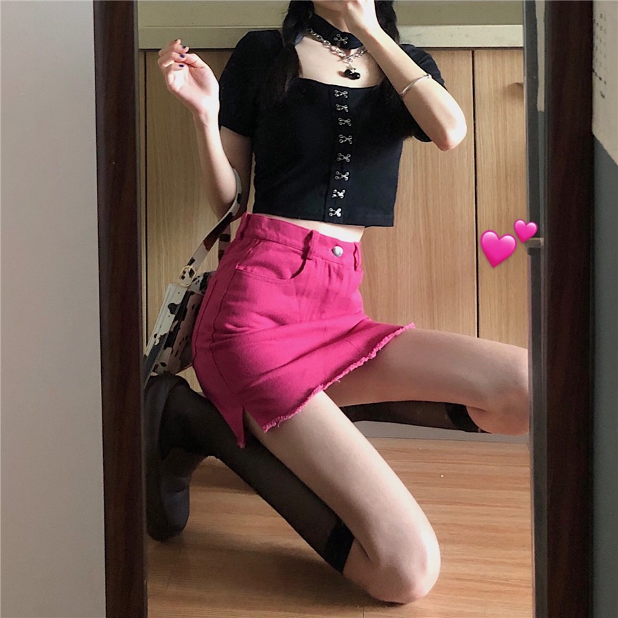 火龍果色高腰顯瘦牛仔半身裙a字短裙褲女 春夏玫紅色開叉包臀裙子-細節圖8