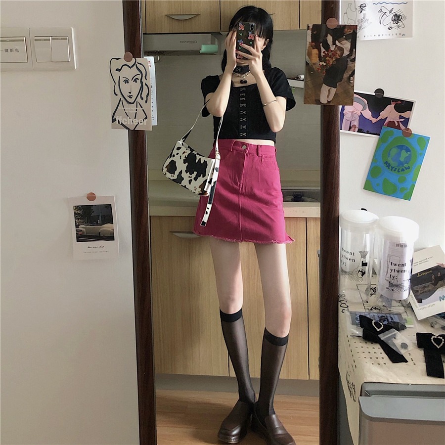 火龍果色高腰顯瘦牛仔半身裙a字短裙褲女 春夏玫紅色開叉包臀裙子-細節圖9