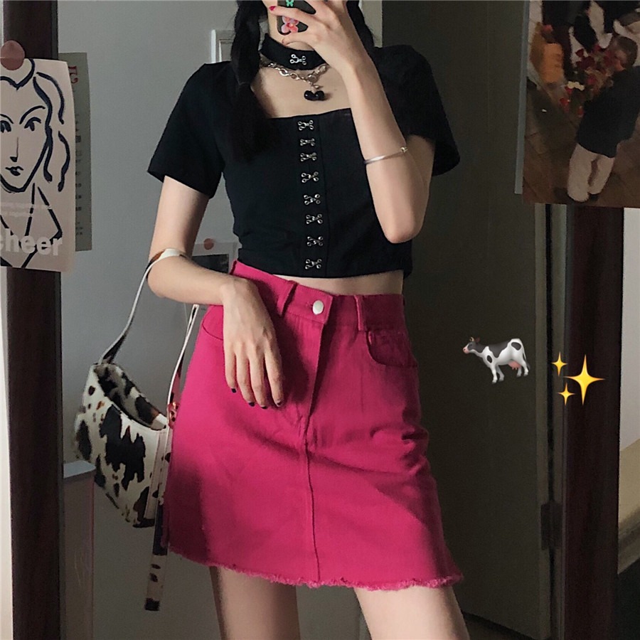 火龍果色高腰顯瘦牛仔半身裙a字短裙褲女 春夏玫紅色開叉包臀裙子-細節圖10