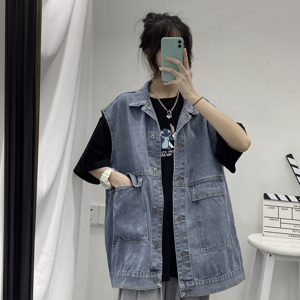 牛仔馬甲女春秋年新款韓版寬松網紅工裝開衫坎肩外套夏外穿潮-細節圖4
