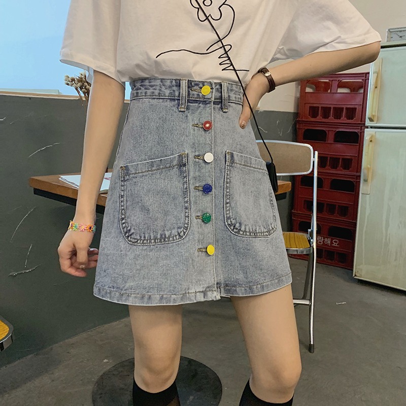 春夏百搭紐扣牛仔半身裙女小個子高腰包臀A字短裙復古半裙ins-細節圖3