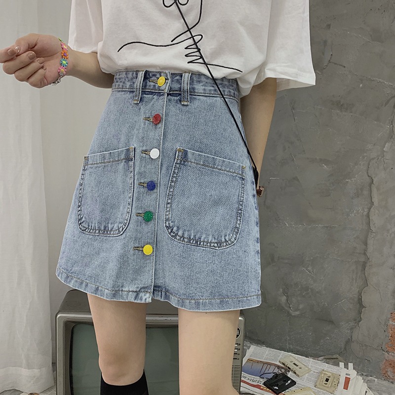 春夏百搭紐扣牛仔半身裙女小個子高腰包臀A字短裙復古半裙ins-細節圖4
