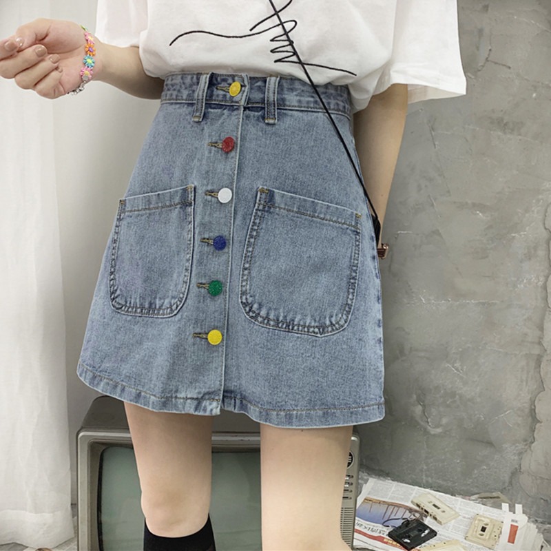 春夏百搭紐扣牛仔半身裙女小個子高腰包臀A字短裙復古半裙ins-細節圖5