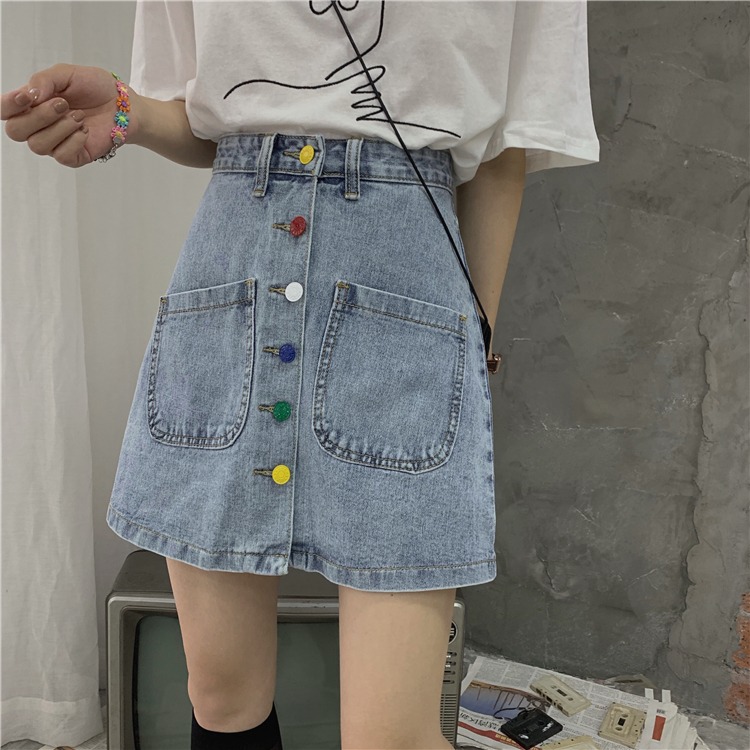 春夏百搭紐扣牛仔半身裙女小個子高腰包臀A字短裙復古半裙ins-細節圖9