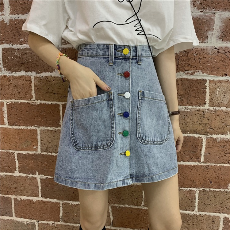 春夏百搭紐扣牛仔半身裙女小個子高腰包臀A字短裙復古半裙ins-細節圖10