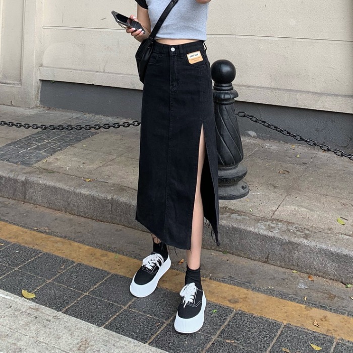 春夏款休閑顯瘦毛邊牛仔半身裙女新款側邊開叉高腰a字長裙子-細節圖2