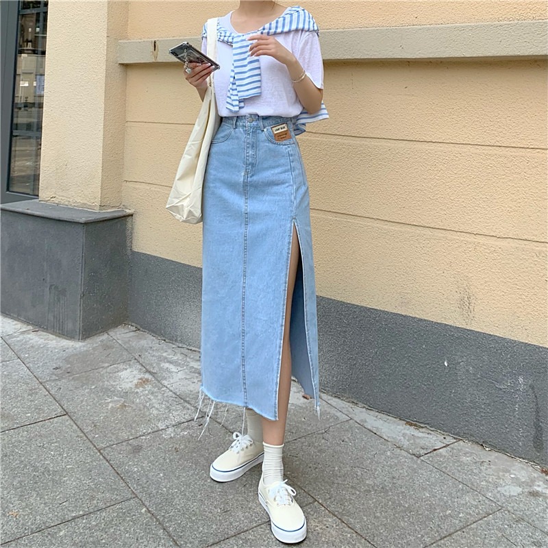 春夏款休閑顯瘦毛邊牛仔半身裙女新款側邊開叉高腰a字長裙子-細節圖3