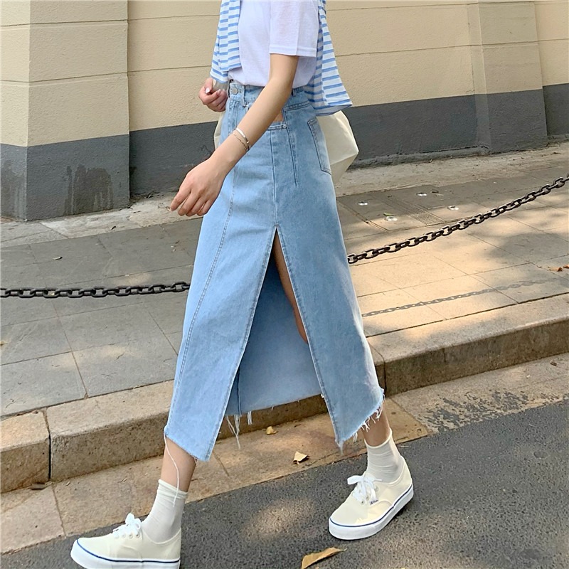 春夏款休閑顯瘦毛邊牛仔半身裙女新款側邊開叉高腰a字長裙子-細節圖4