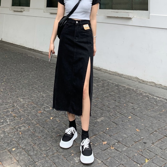 春夏款休閑顯瘦毛邊牛仔半身裙女新款側邊開叉高腰a字長裙子-細節圖5