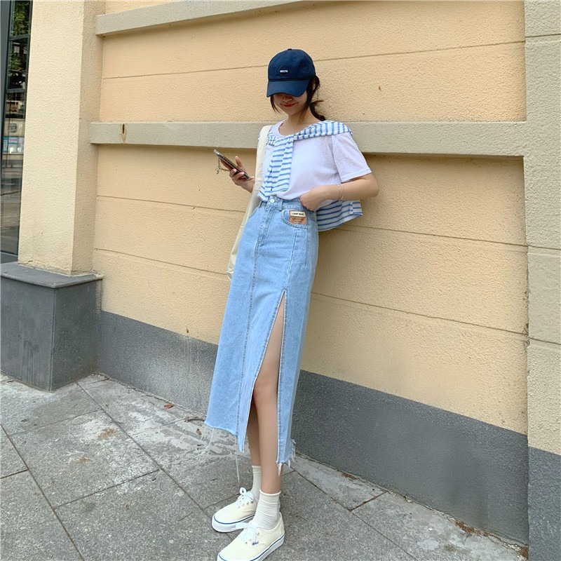 春夏款休閑顯瘦毛邊牛仔半身裙女新款側邊開叉高腰a字長裙子-細節圖10