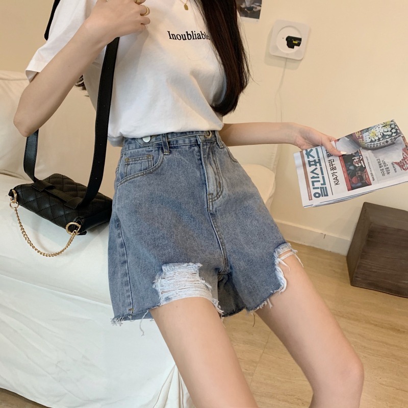 高腰破洞牛仔短褲女小個子夏季設計感小眾辣妹風直筒寬松a字熱褲-細節圖3