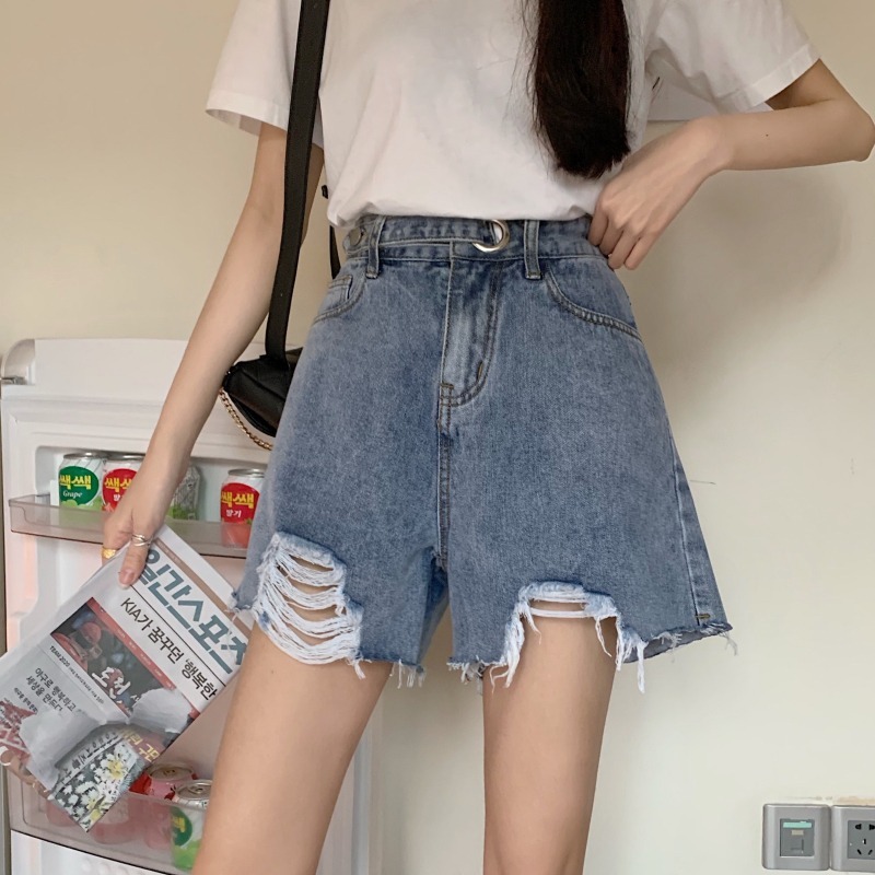 高腰破洞牛仔短褲女小個子夏季設計感小眾辣妹風直筒寬松a字熱褲-細節圖4