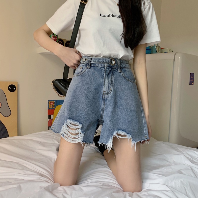 高腰破洞牛仔短褲女小個子夏季設計感小眾辣妹風直筒寬松a字熱褲-細節圖6