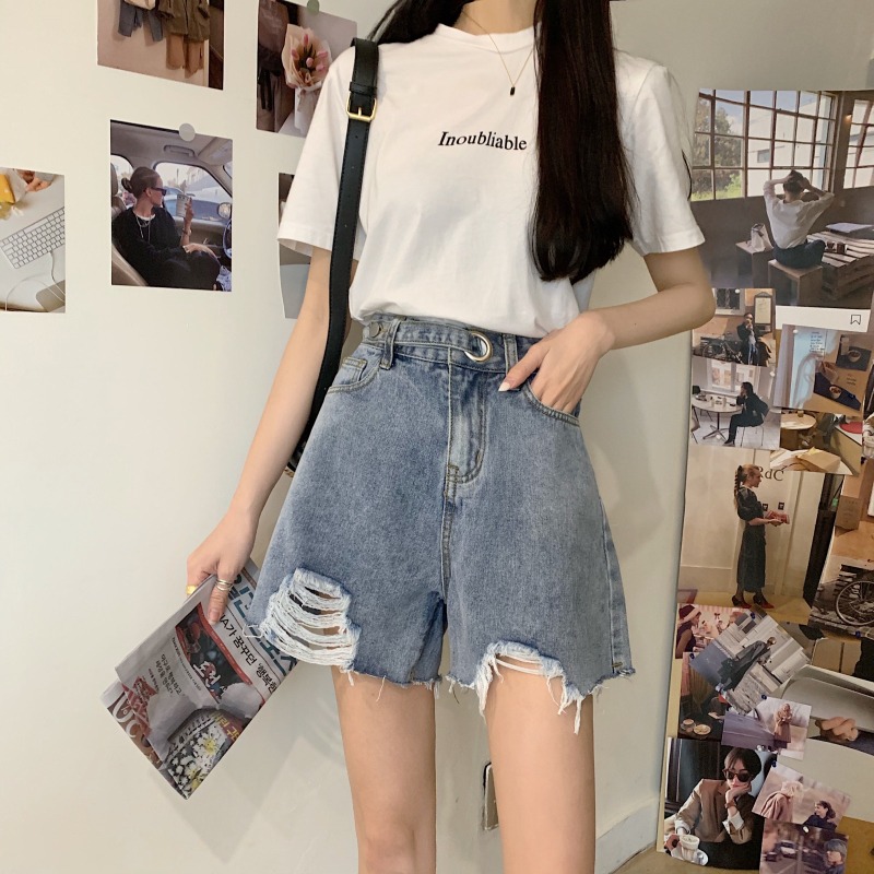 高腰破洞牛仔短褲女小個子夏季設計感小眾辣妹風直筒寬松a字熱褲-細節圖8