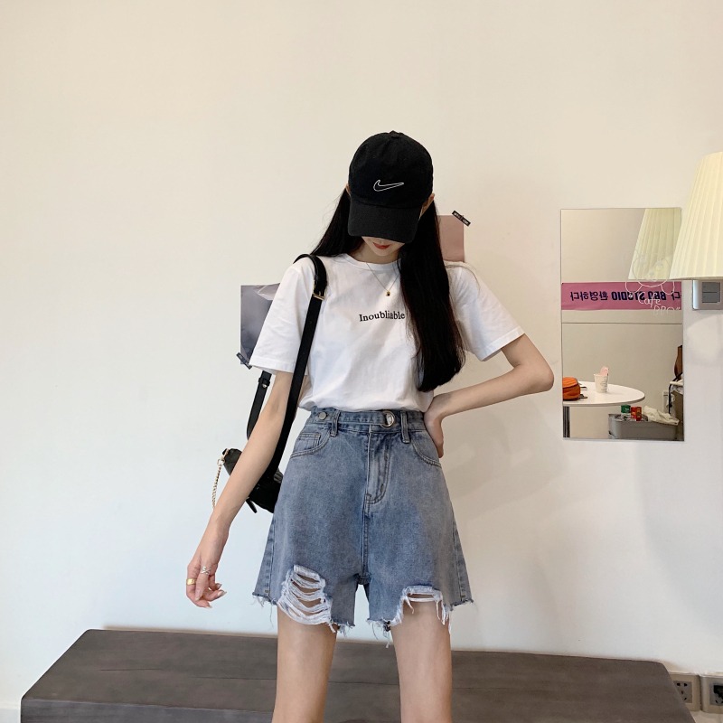 高腰破洞牛仔短褲女小個子夏季設計感小眾辣妹風直筒寬松a字熱褲-細節圖9