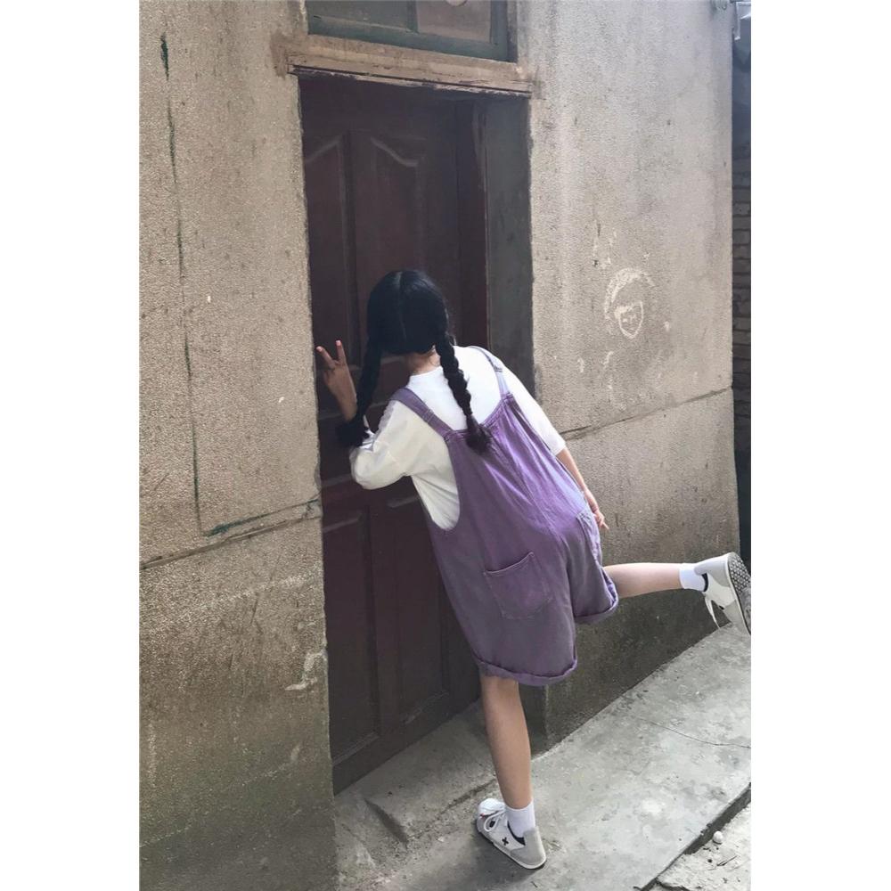 牛仔背帶短褲女夏季新款韓版ins俏皮少女學生寬松闊腿連體五分褲-細節圖9