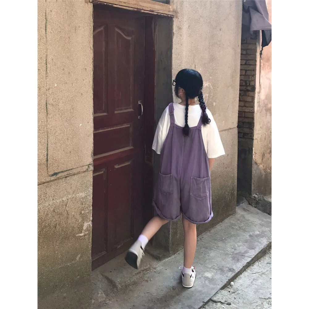 牛仔背帶短褲女夏季新款韓版ins俏皮少女學生寬松闊腿連體五分褲-細節圖10