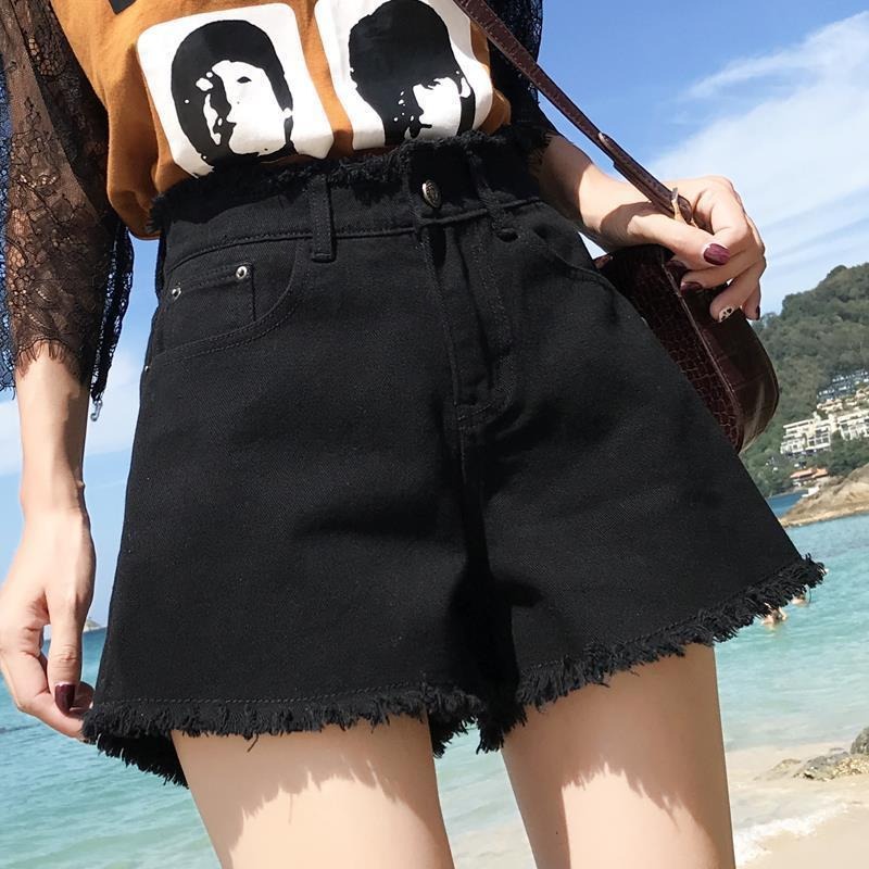 高腰牛仔短褲女黑色夏新款大碼韓版寬松港味復古chic毛邊熱褲-細節圖2