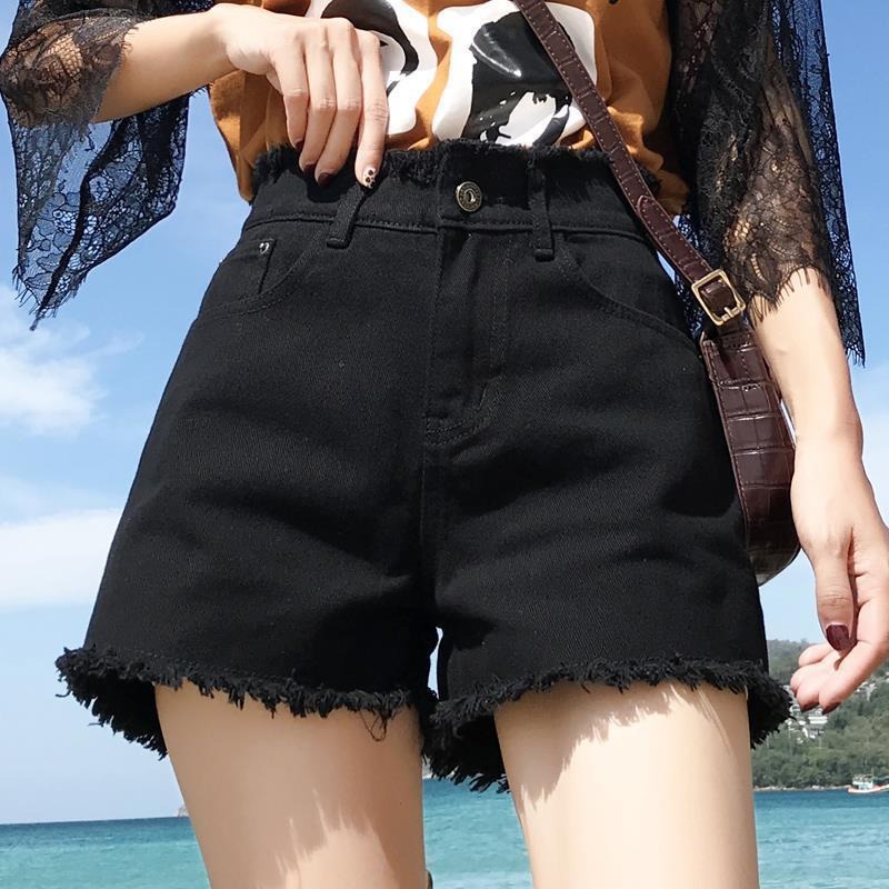 高腰牛仔短褲女黑色夏新款大碼韓版寬松港味復古chic毛邊熱褲-細節圖4