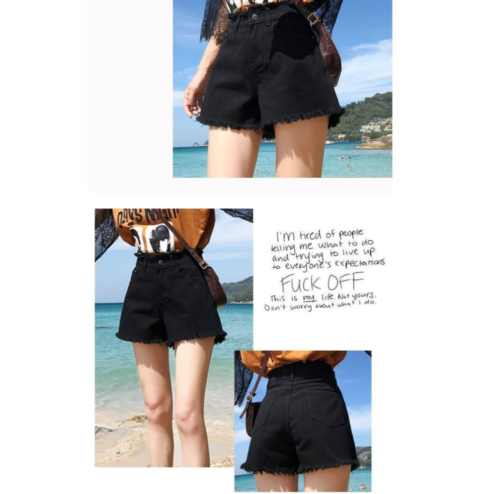 高腰牛仔短褲女黑色夏新款大碼韓版寬松港味復古chic毛邊熱褲-細節圖10