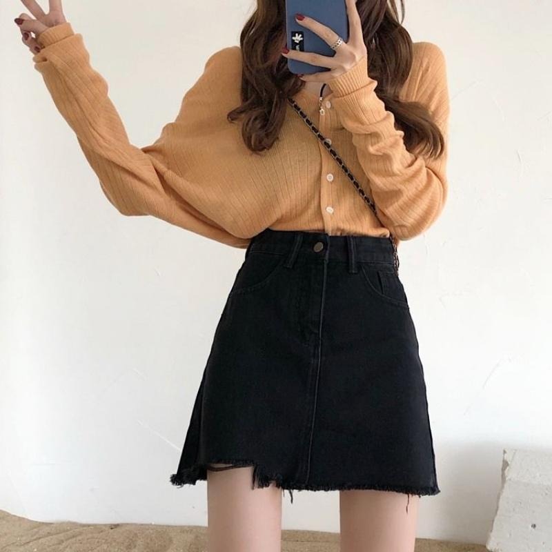 夏季新款韓版學生高腰不規則A字裙顯瘦毛邊牛仔半身短裙女-細節圖9