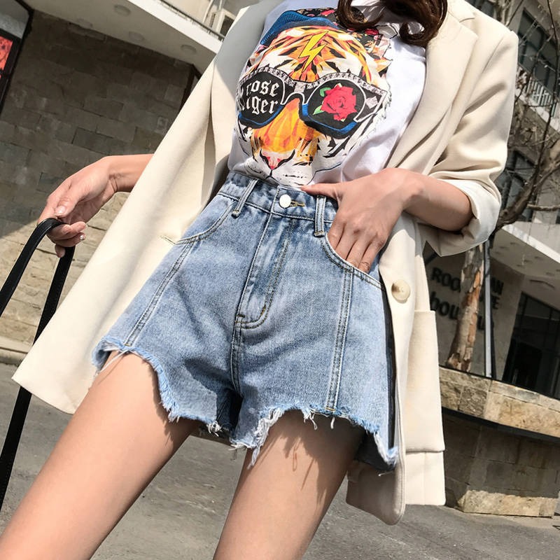 夏季網紅高腰牛仔短褲女新款顯瘦韓版寬松bf泫雅闊腿a字超熱褲潮-細節圖2