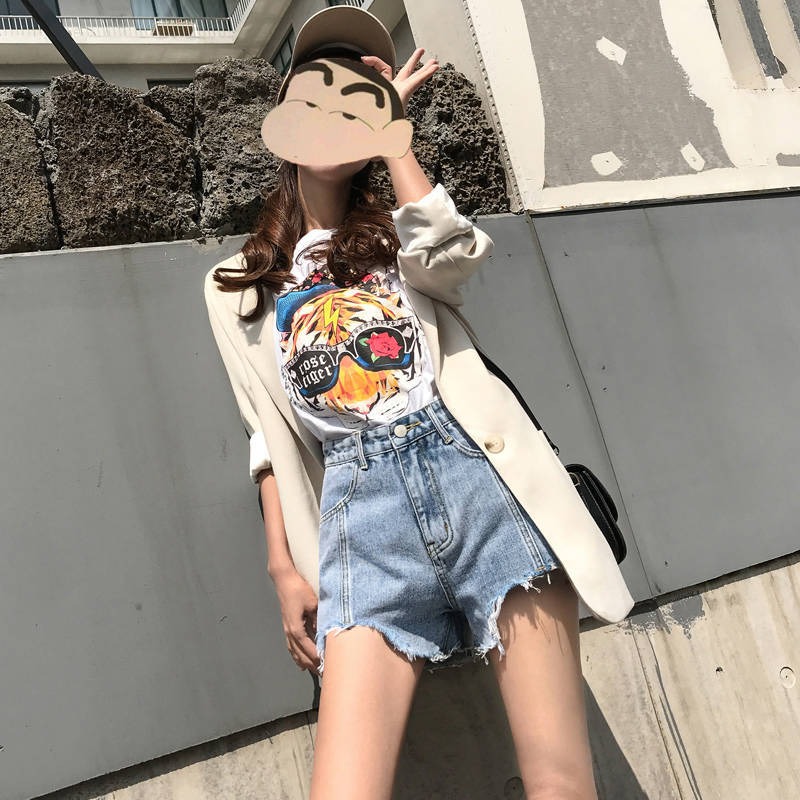 夏季網紅高腰牛仔短褲女新款顯瘦韓版寬松bf泫雅闊腿a字超熱褲潮-細節圖4