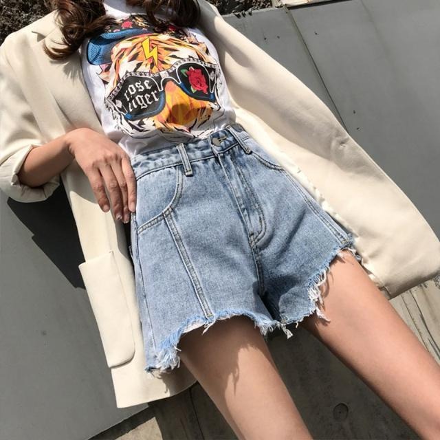 夏季網紅高腰牛仔短褲女新款顯瘦韓版寬松bf泫雅闊腿a字超熱褲潮-細節圖5
