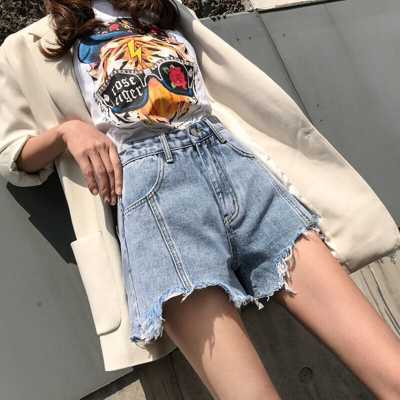 夏季網紅高腰牛仔短褲女新款顯瘦韓版寬松bf泫雅闊腿a字超熱褲潮-細節圖8