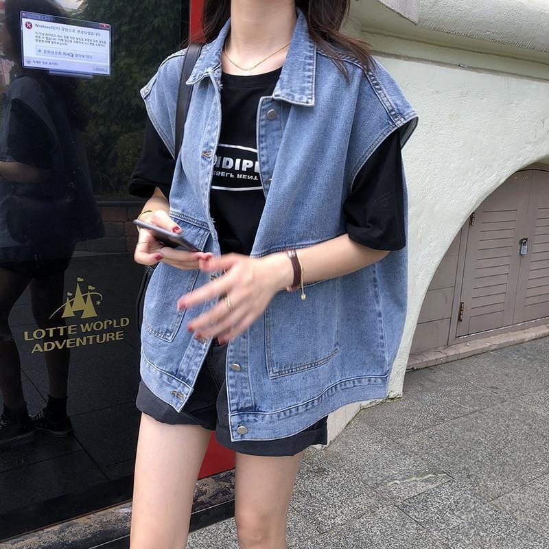 韓版短款牛仔馬夾女網紅年春季馬甲女無袖坎肩寬松潮流背心-細節圖2