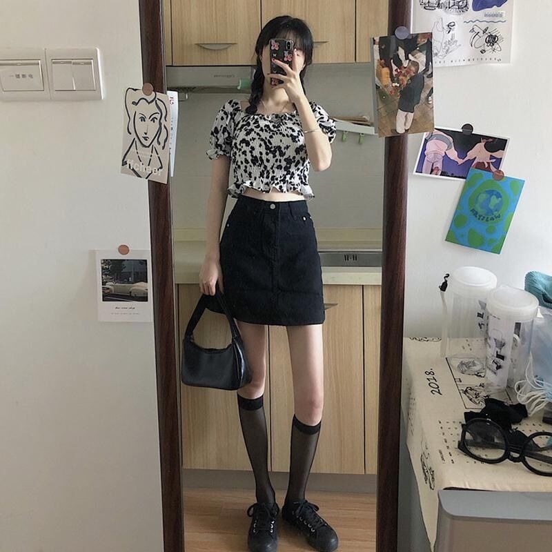 高腰牛仔短裙女a字顯瘦夏季新款百搭大碼胖mm黑色包臀半身裙-細節圖2