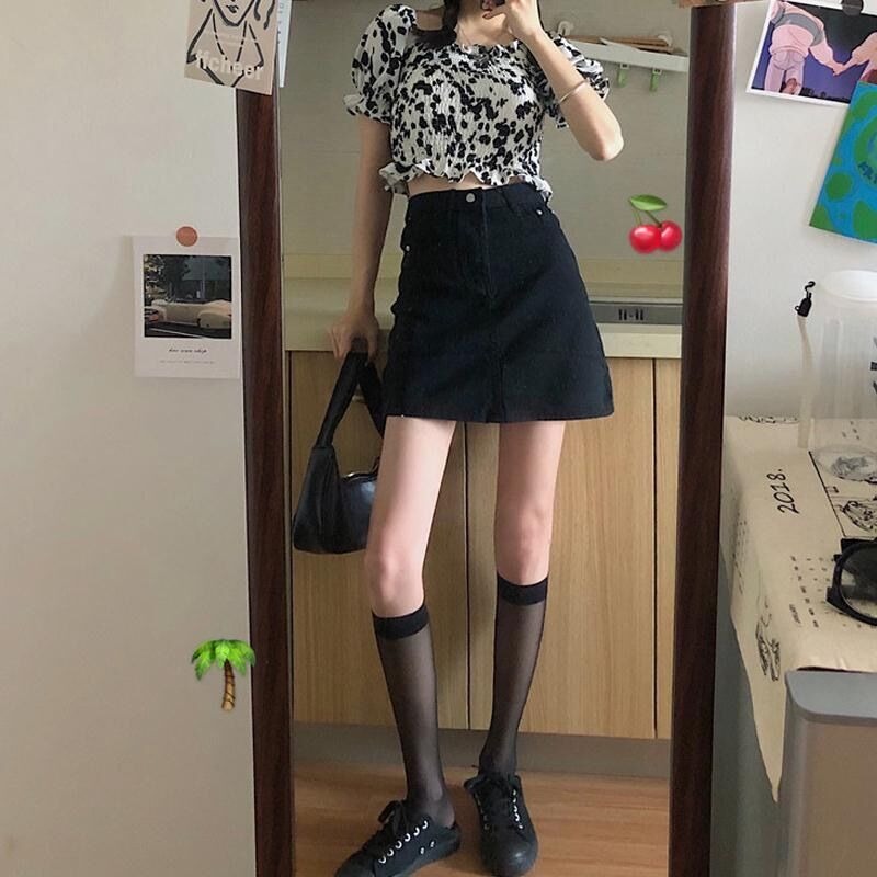 高腰牛仔短裙女a字顯瘦夏季新款百搭大碼胖mm黑色包臀半身裙-細節圖3