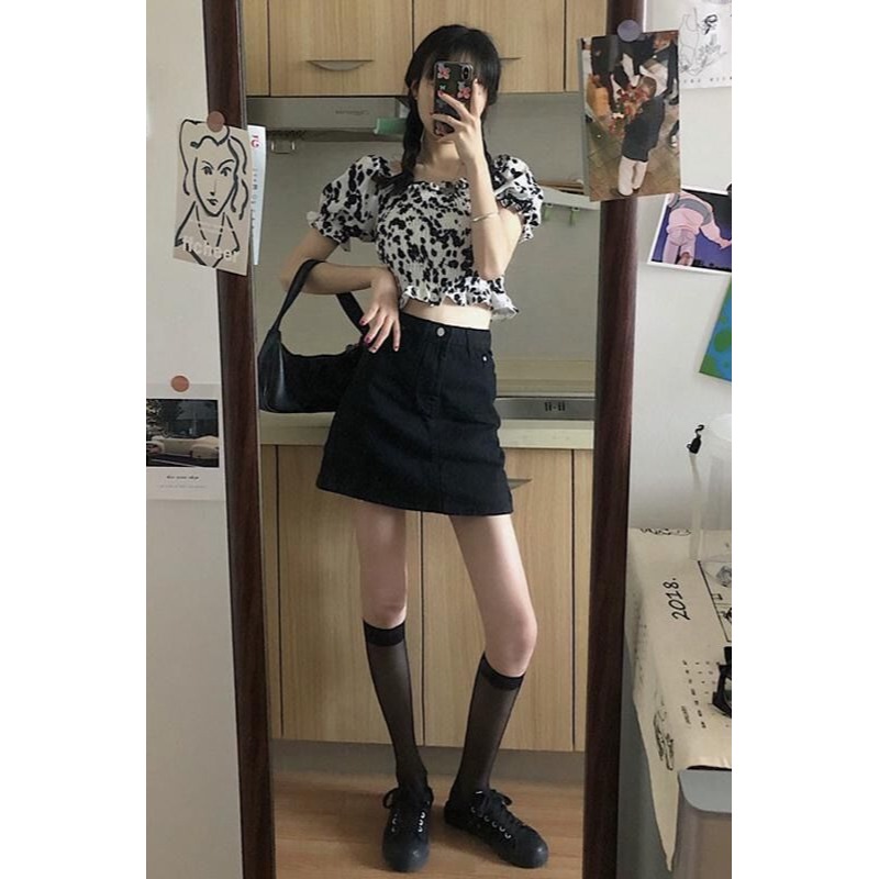 高腰牛仔短裙女a字顯瘦夏季新款百搭大碼胖mm黑色包臀半身裙-細節圖6