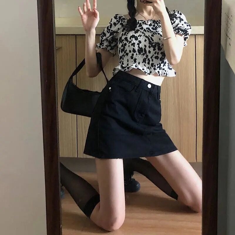 高腰牛仔短裙女a字顯瘦夏季新款百搭大碼胖mm黑色包臀半身裙-細節圖7