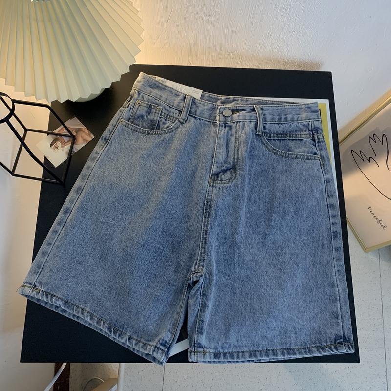 闊腿牛仔短褲女高腰顯瘦V-21夏季新款復古港味五分褲休閑寬松中褲-細節圖2