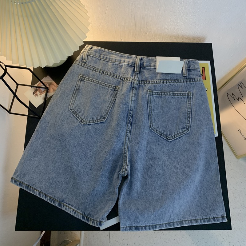 闊腿牛仔短褲女高腰顯瘦V-21夏季新款復古港味五分褲休閑寬松中褲-細節圖4