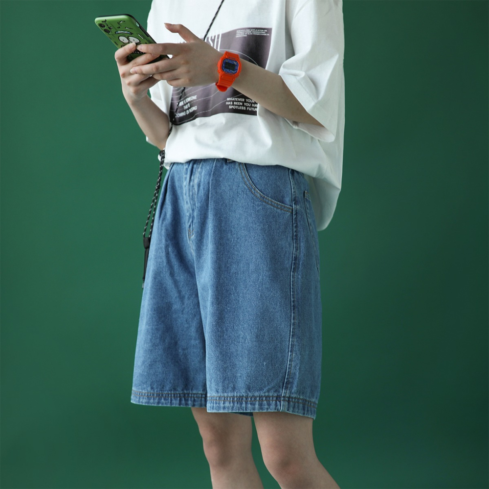 牛仔短褲女薄五分褲夏季新款高腰寬松直筒顯瘦ins潮闊腿中褲-細節圖3