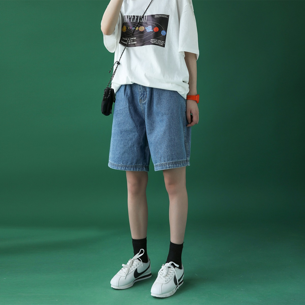 牛仔短褲女薄五分褲夏季新款高腰寬松直筒顯瘦ins潮闊腿中褲-細節圖4