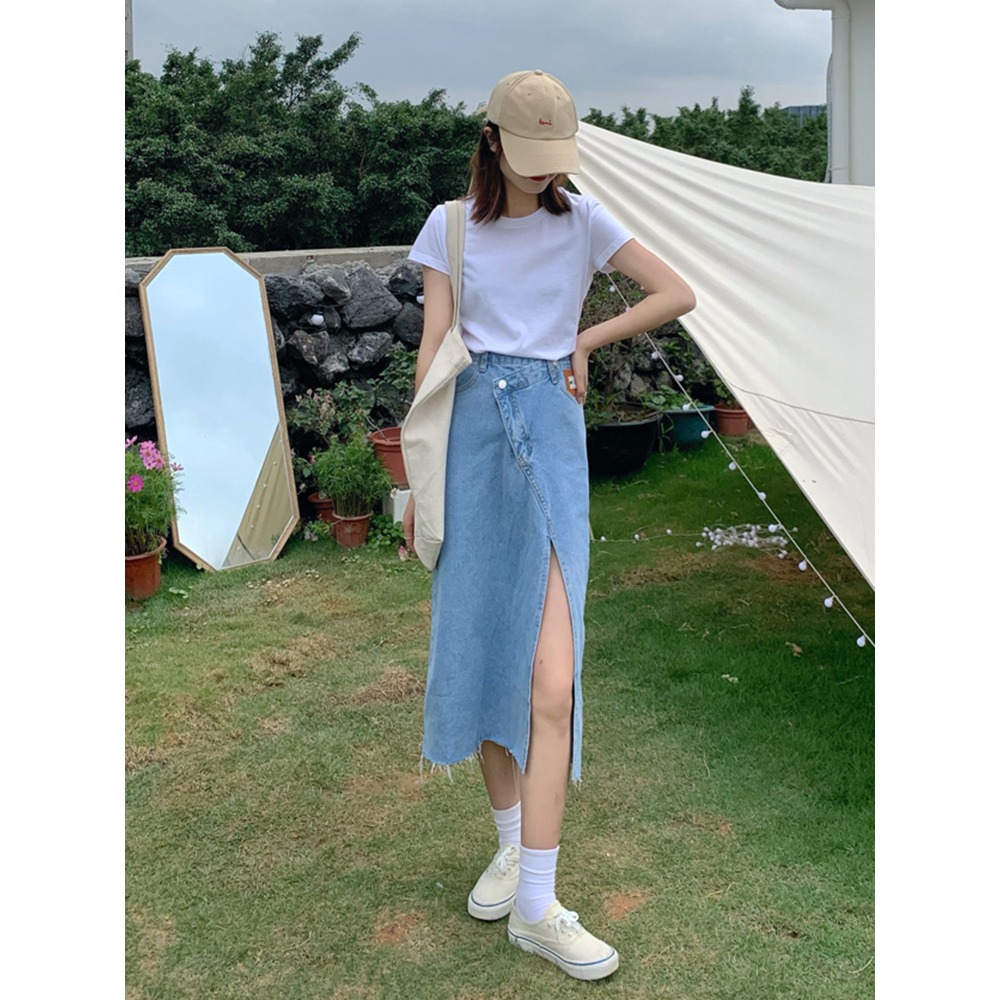 不規則設計感高腰純色包臀中長款牛仔半身裙夏季下擺開叉裙潮-細節圖3
