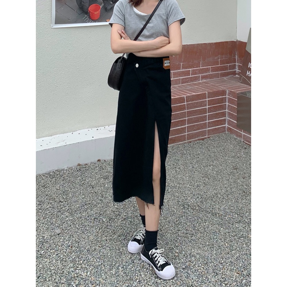 不規則設計感高腰純色包臀中長款牛仔半身裙夏季下擺開叉裙潮-細節圖4