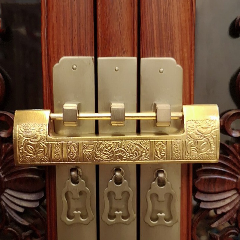 中式仿古銅皮鎖老式橫開復古純銅箱子櫃子櫃門掛鎖古典通用插銷鎖-細節圖3