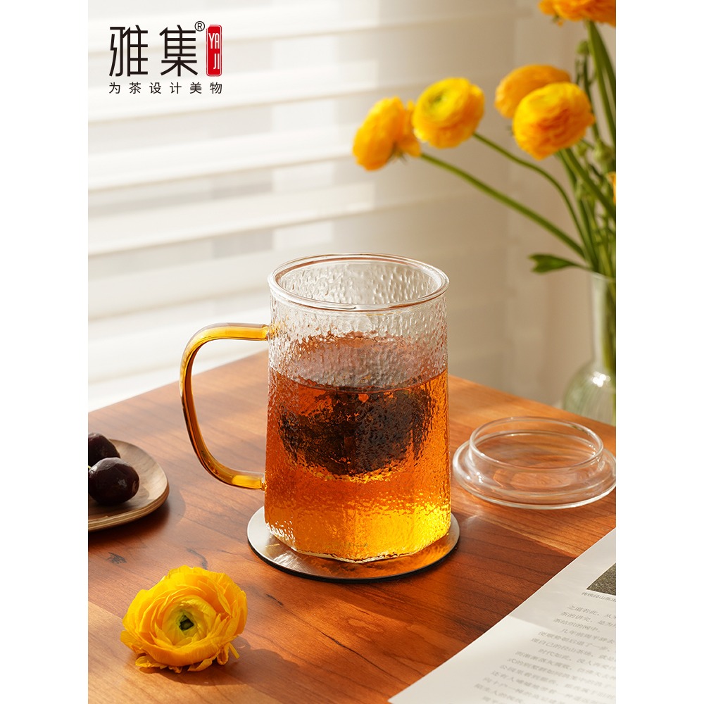 雅集茶具築茗杯玻璃杯個人專用過濾帶蓋帶把手高硼硅玻璃耐熱茶杯-細節圖2